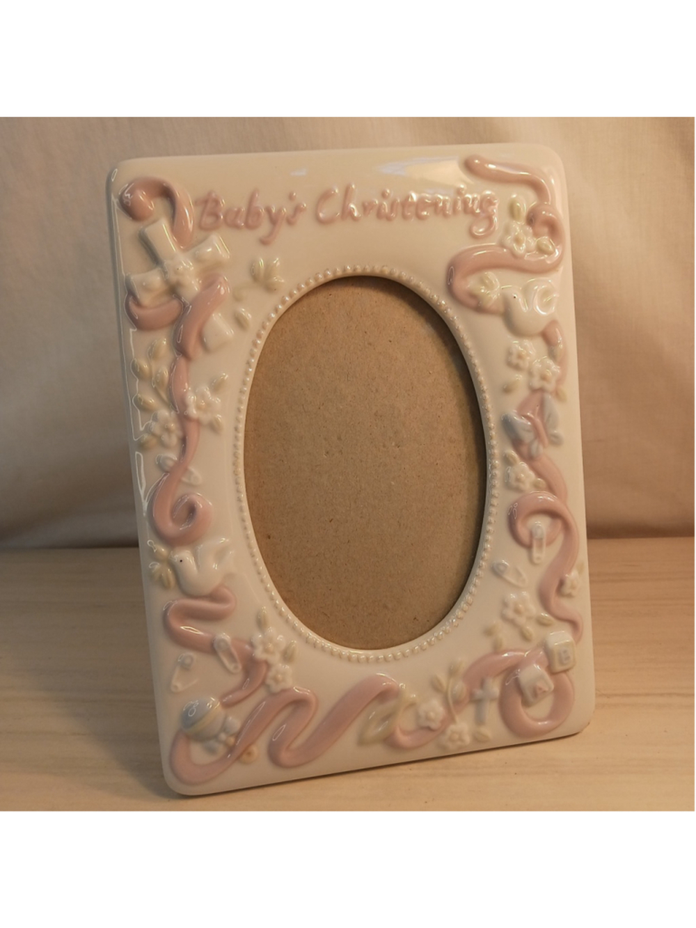 Russ Porcelain Baby Christening Baptism Photo Frame 3 1/2 x 5 Pink Religious